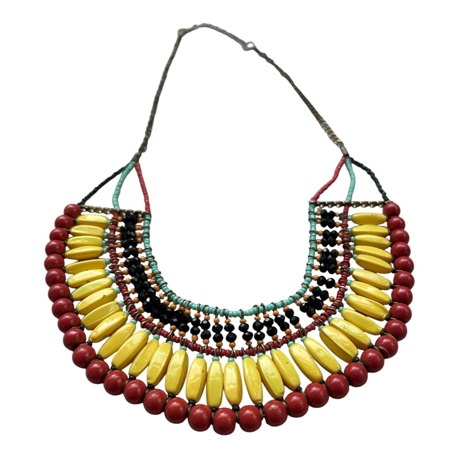Vintage Tribal Statement Necklace Multicolor Beaded Bib Boho Ethnic Choker
