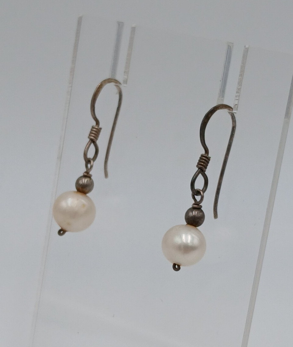 VTG 7mm Pearl Dangle Earrings 1in Drop Sterling Silver French Wire 1.43g Estate