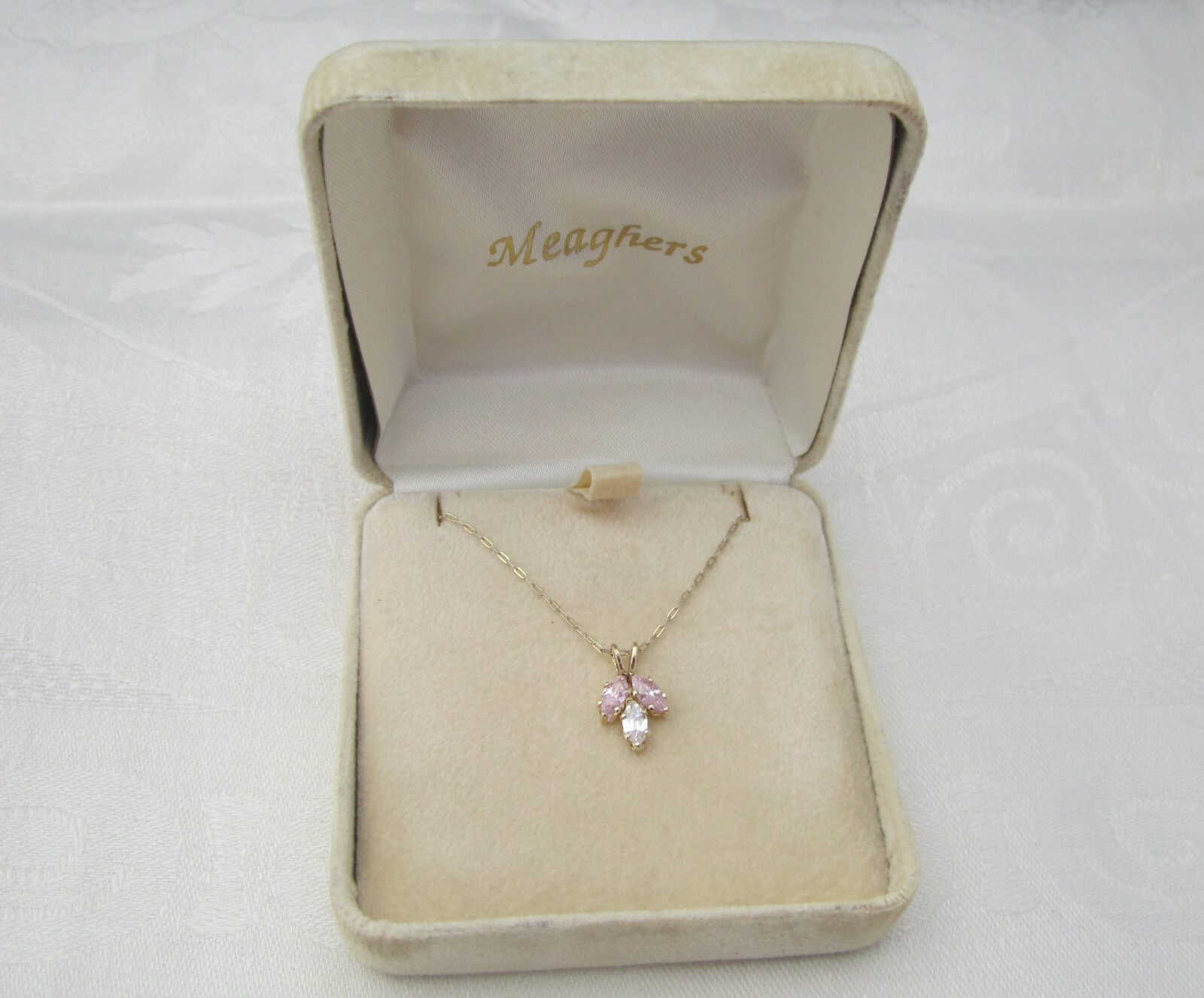 12K Gold Filled Pretty Marquise Cut Pink & Clear CZ Pendant Necklace NOS