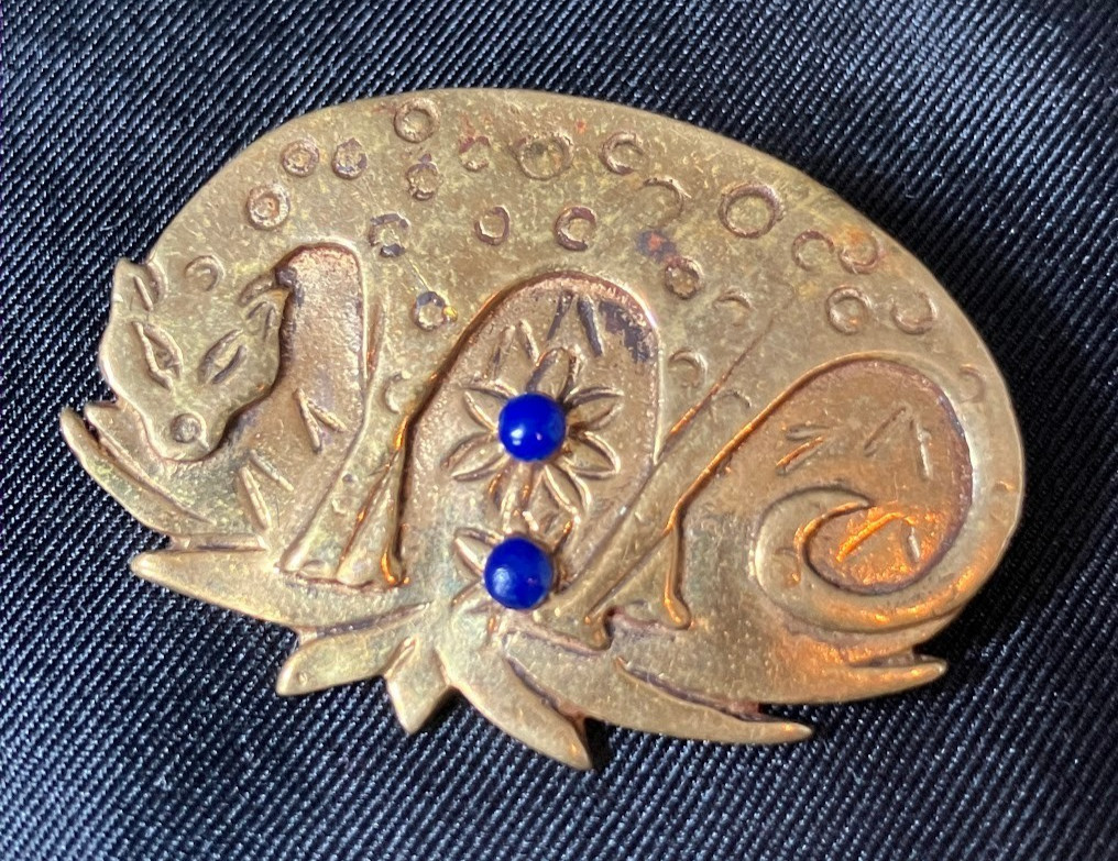 Vintage Leopard Brass Brooch Safari Jungle Lapis Lazuli Gold Wash Artisan Pin