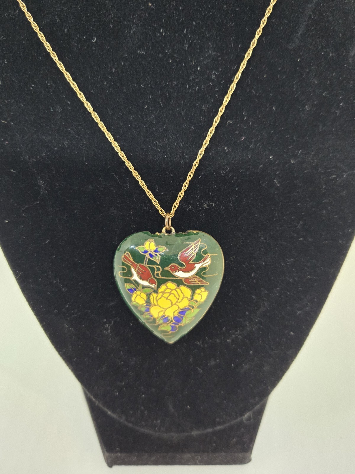 Cloisonne Puff Heart Shaped Floral and Bird Pendant Charm