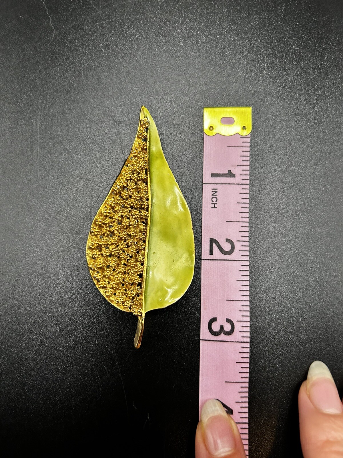 Vintage BSK Lime Green Enamel Leaf Brooch & Clip On Earrings Set