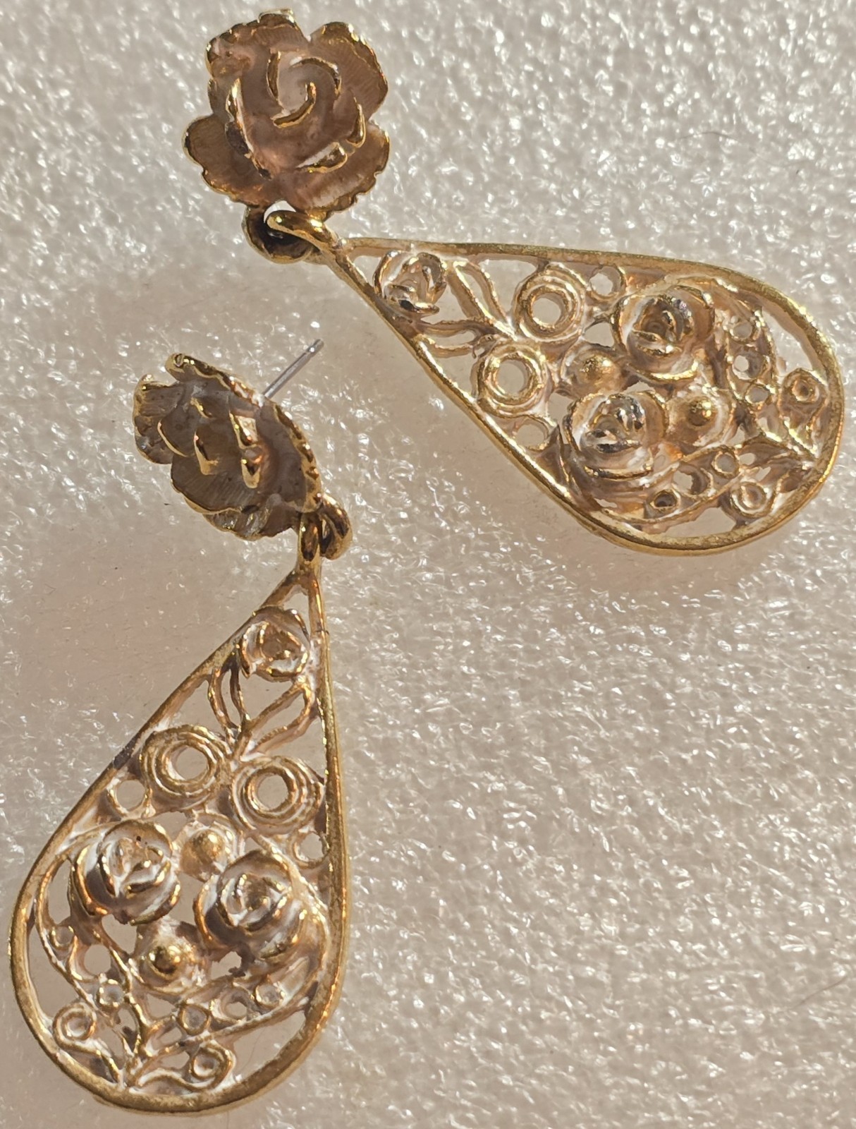 Vintage White Enamel Roses Cannetille Etruscan style Drop Pierced Earrings