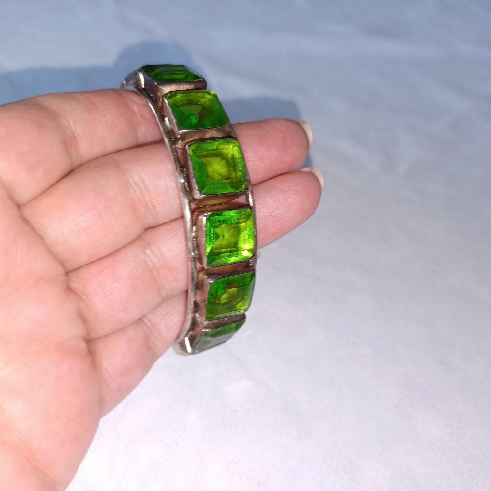 Vintage Sterling Artisan Bangle Bracelet Lge. Lime Green Square Stones 7.75″ Adj