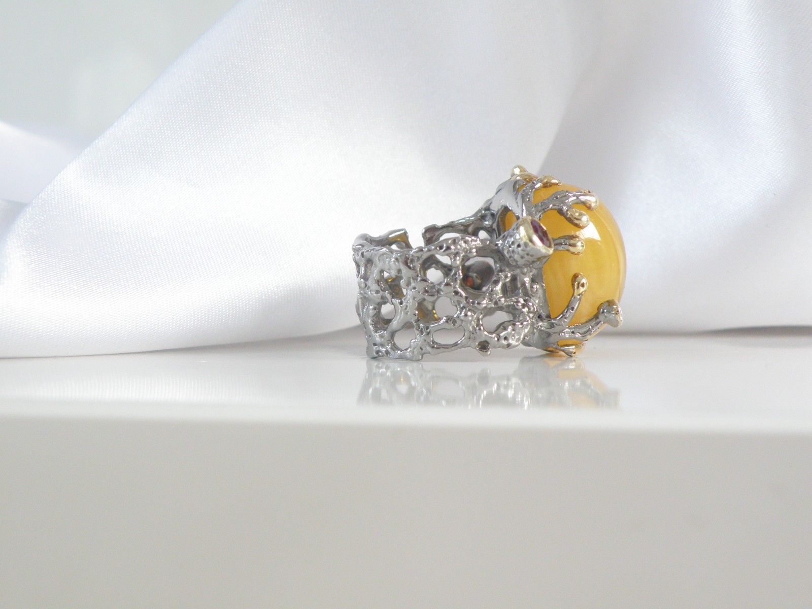 Brutalist Sterling Silver 925 Huge Butterscotch Amber Modern Statement Ring 7.5