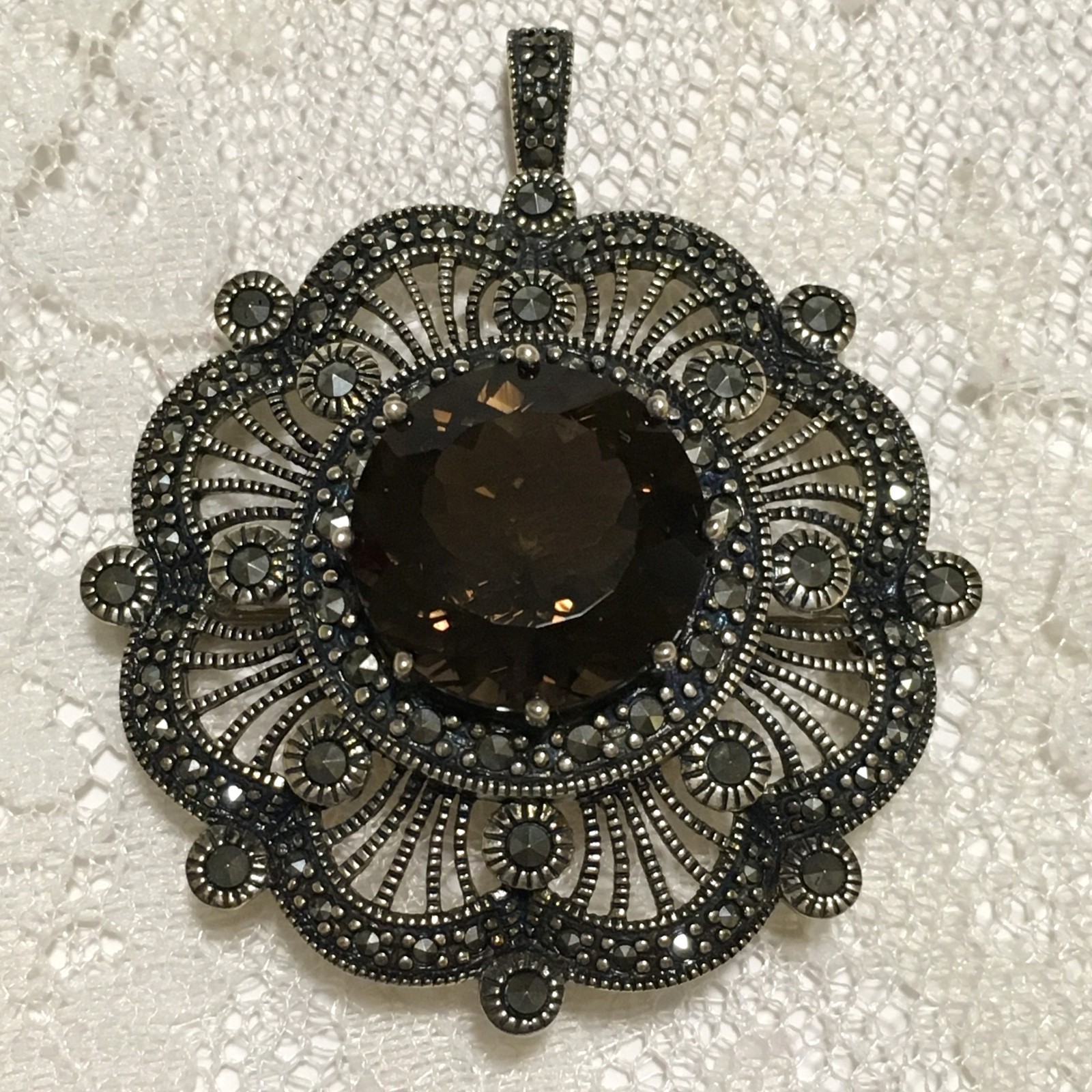 Suspicion QVC Sterling Silver 925 Pendant Brooch Smokey Quartz Art Deco style