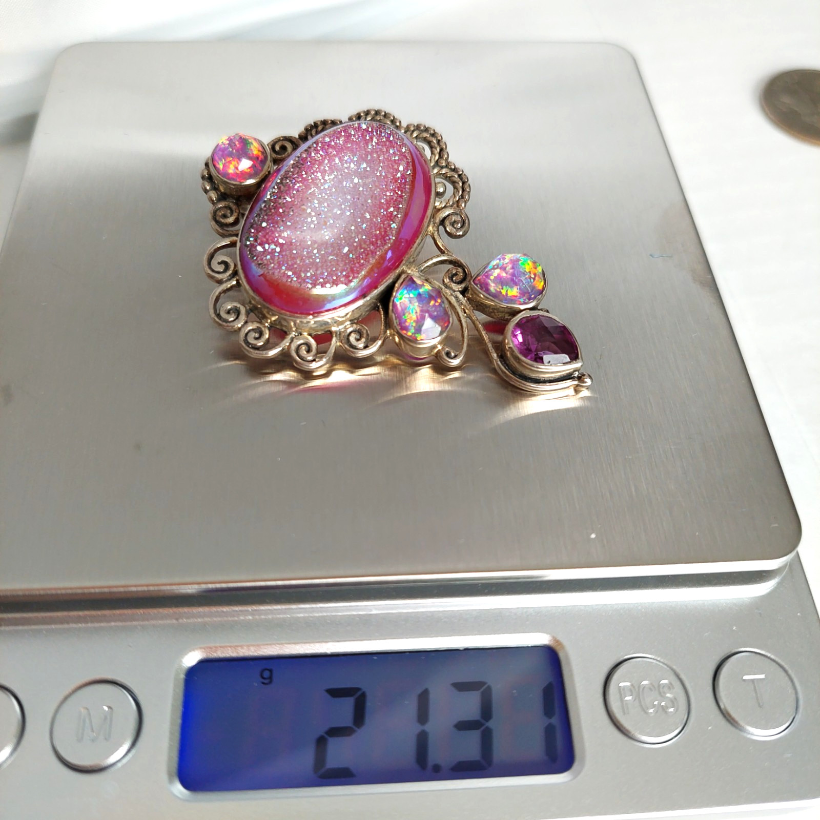 Vintage Sajen 925 Pendant Beautiful Aurora Open Geode Pink Druzy Quartz
