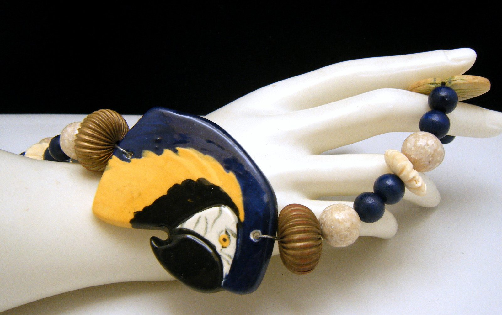 Vintage PN Parrot Bird Ceramic Wood Glass Bead Necklace Silver Tone