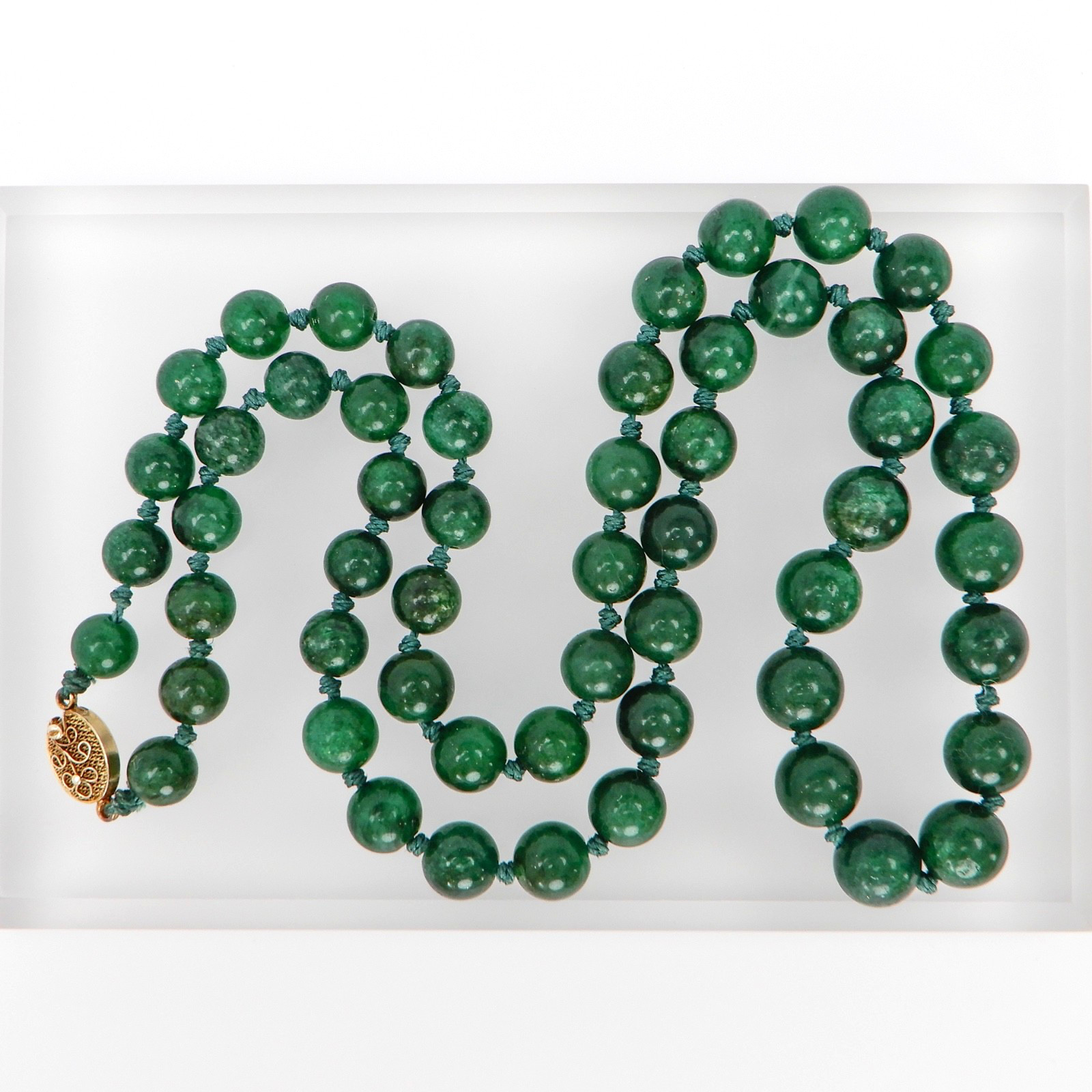 Vintage Green Jade Knotted Graduated Bead Necklace 26” 925 Silver Filigree Clasp