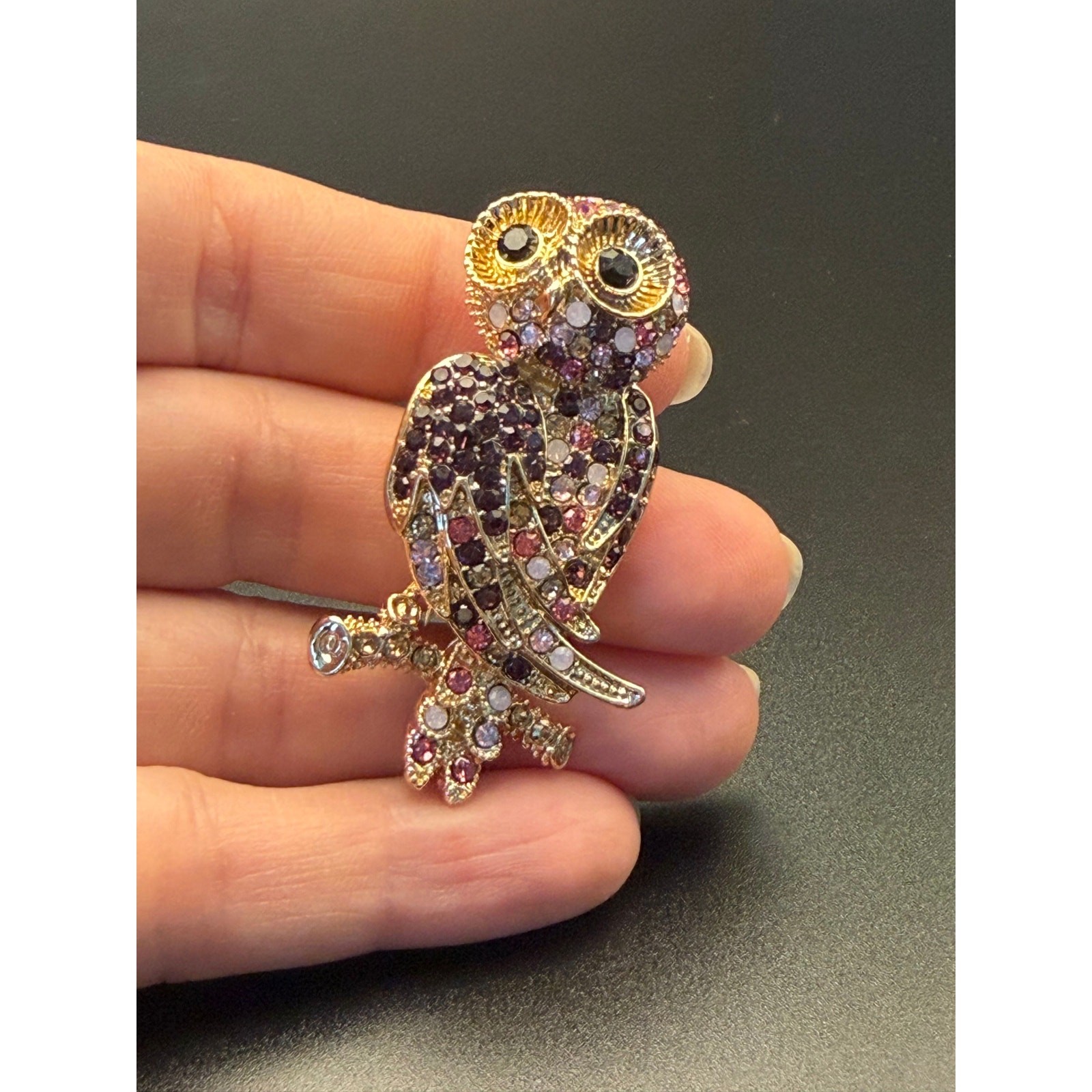 Vintage Monet gold-tone rhinestone owl brooch with purple, pink, white stones
