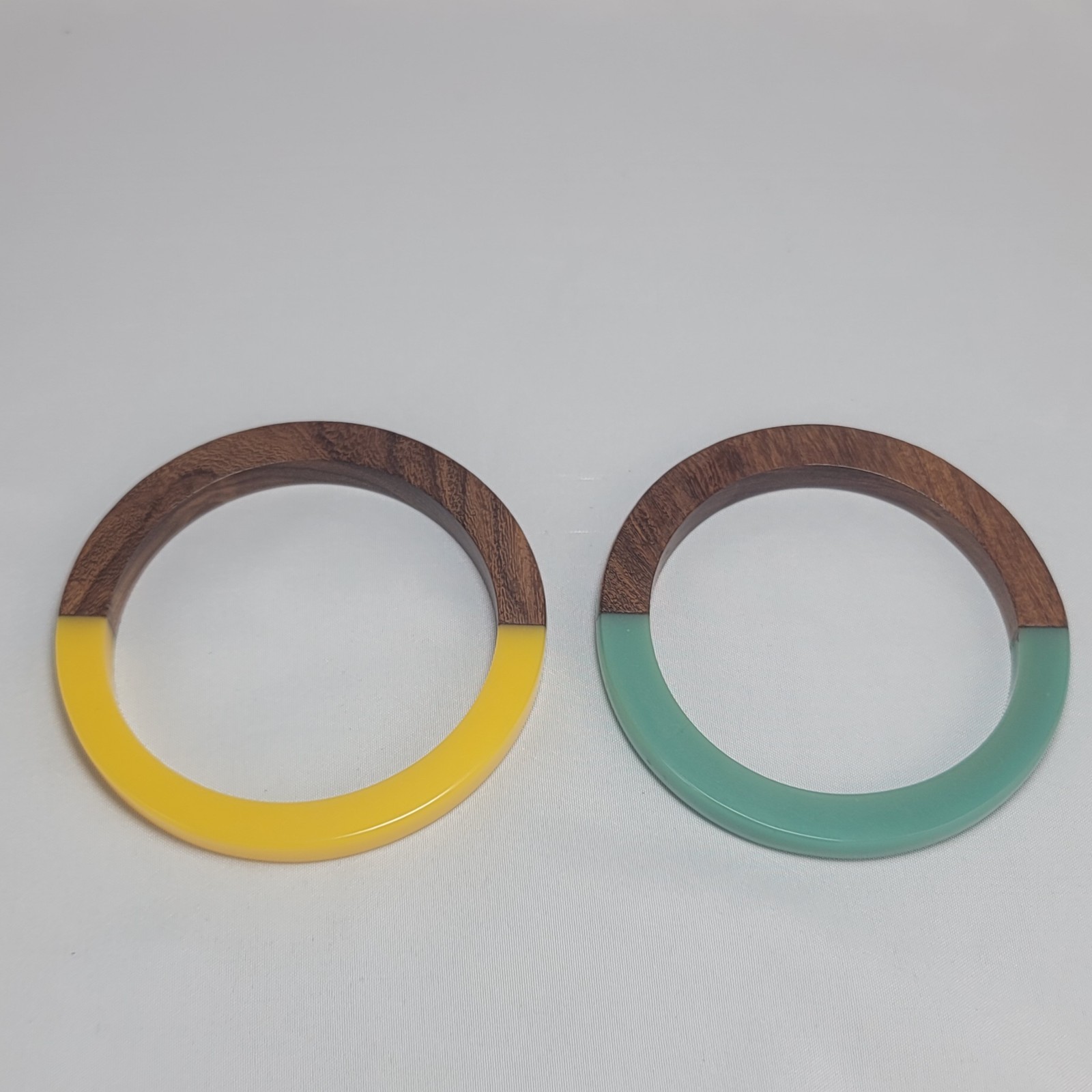 A Yellow and Green Lucite Resin & Wood Bangle Bracelet Set Modern Boho Jewelry