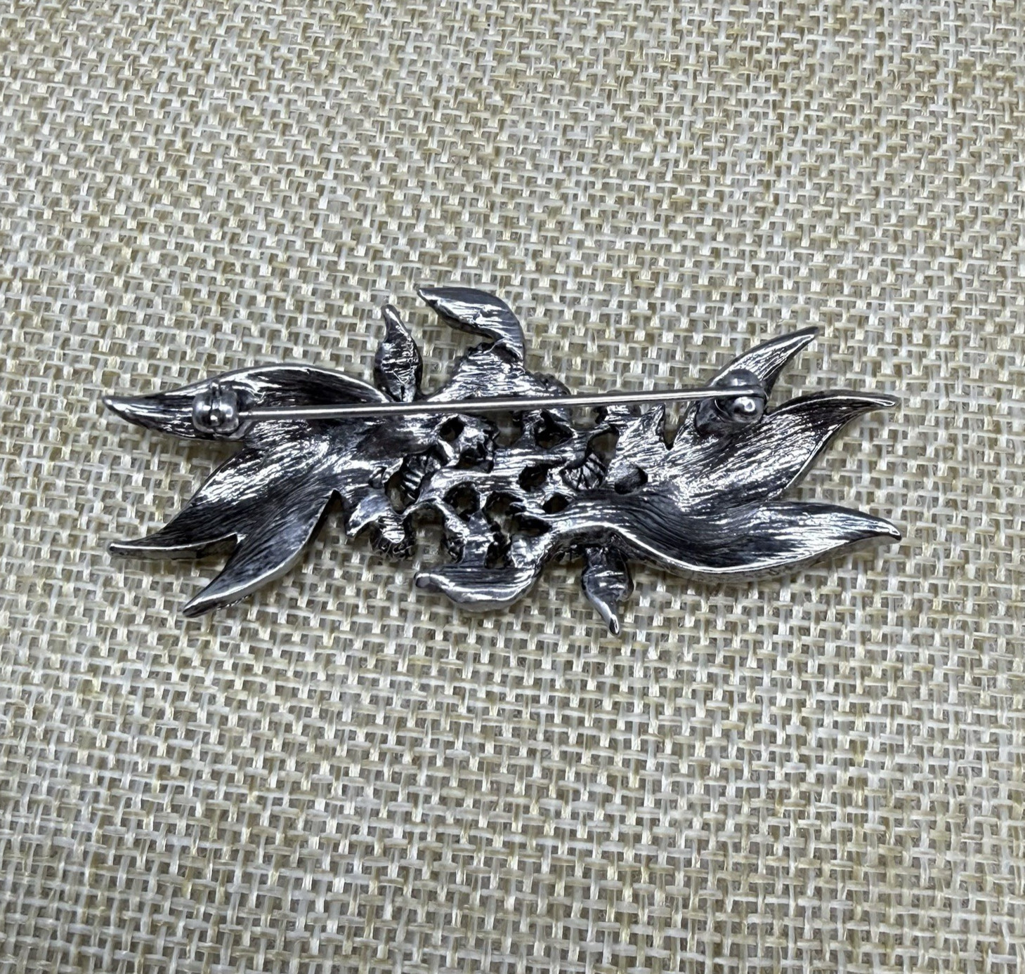 Vintage Faux Gray Pearl and Clear Rhinestone Floral Spray Brooch Pin