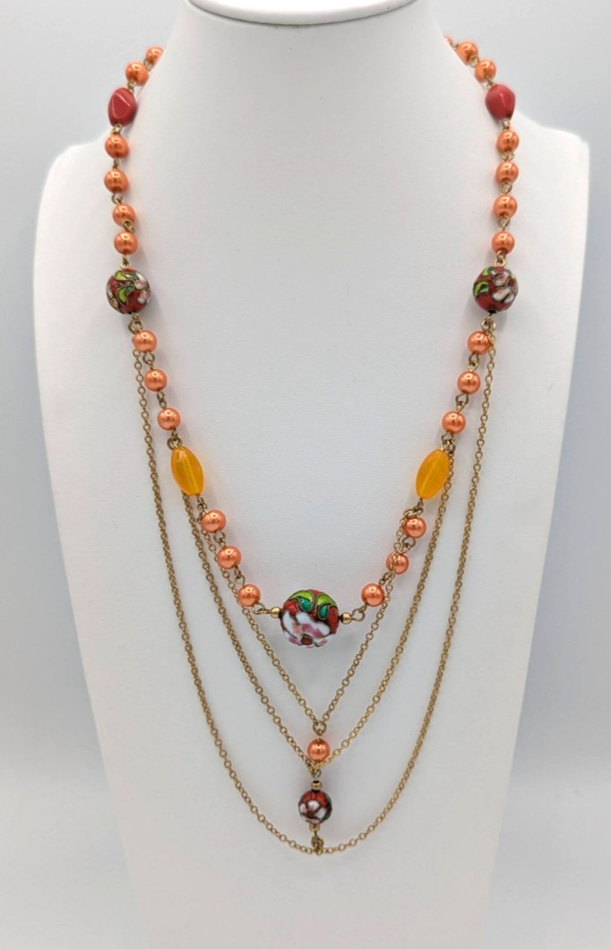 Cloisonne Beaded Festoon Necklace Floral Peach Orange Multi layered Gold Chains