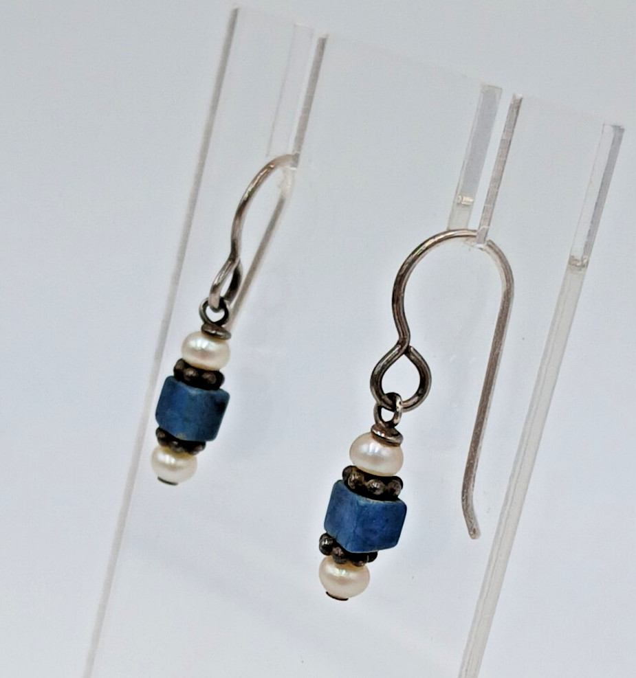VTG Beaded Dangle Earrings 1in Drop Blue Stone Seed Pearl Silver Tone Estate