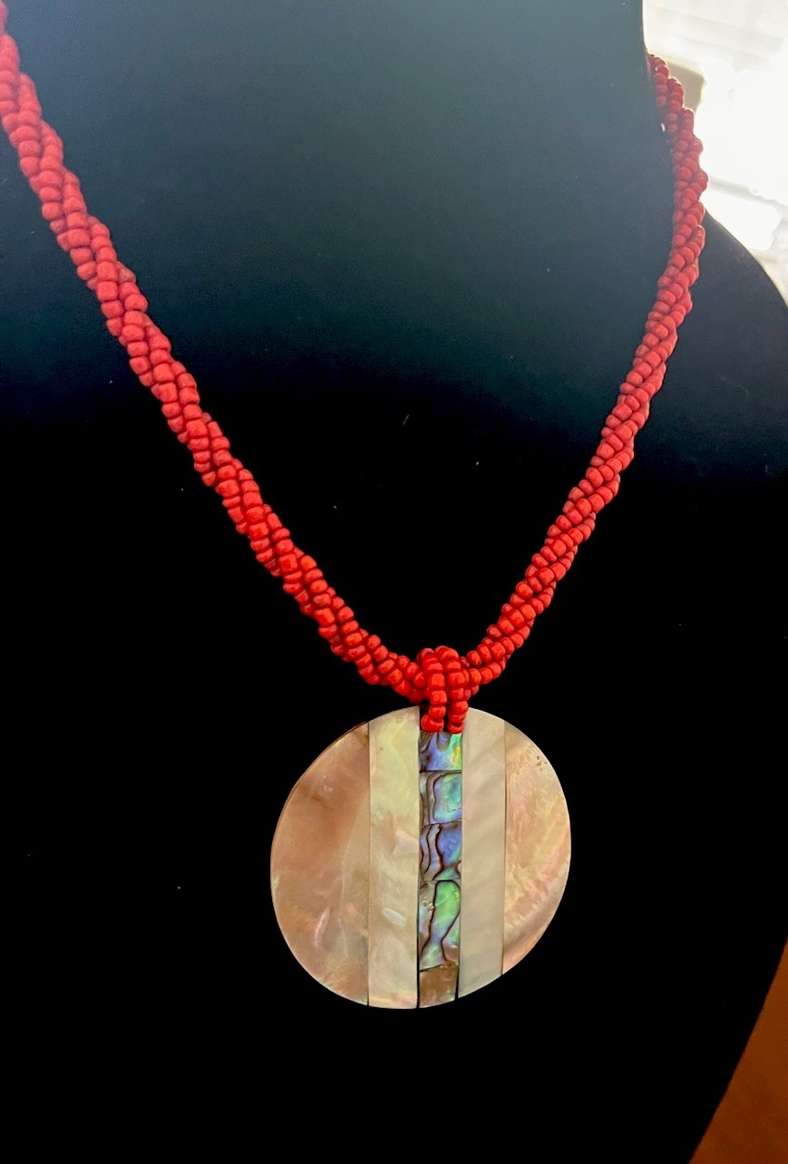 Vintage Abalone Shell Coral Seed Beaded Twist Pendant Disc Statement Necklace