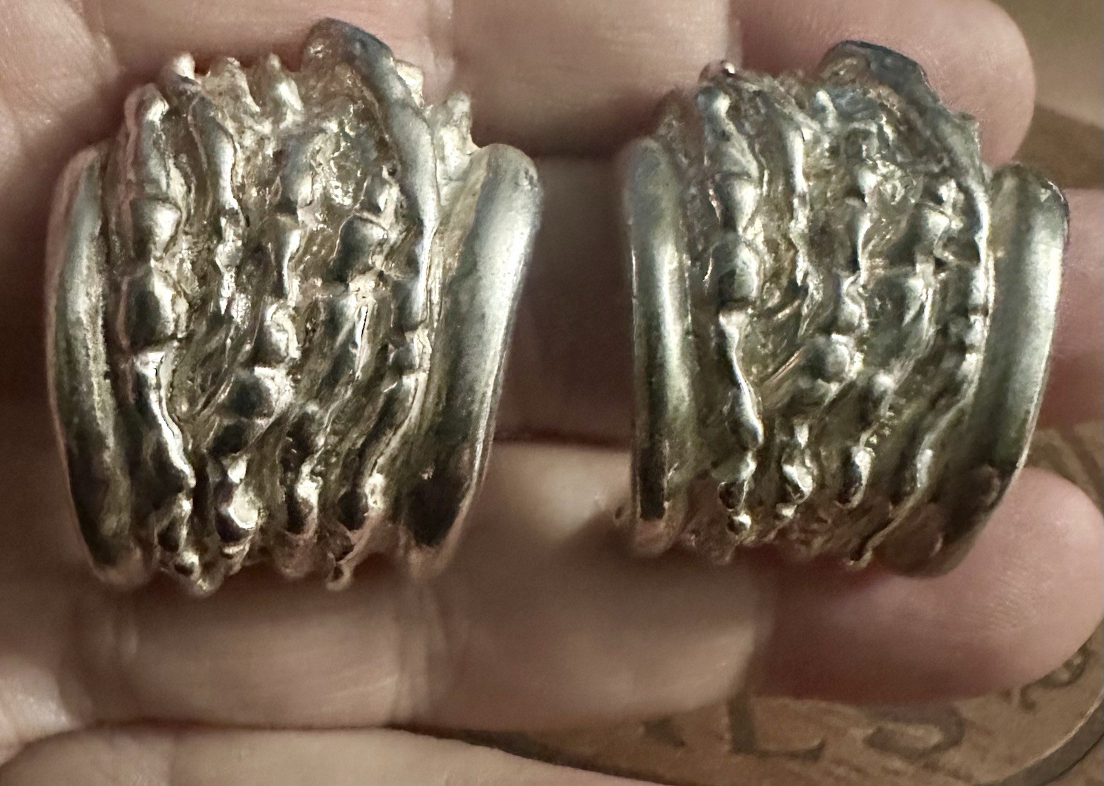 Large Vintage Modernist/Brutalist Pierced Earrings Molten Silver Half Hoop LOOK!