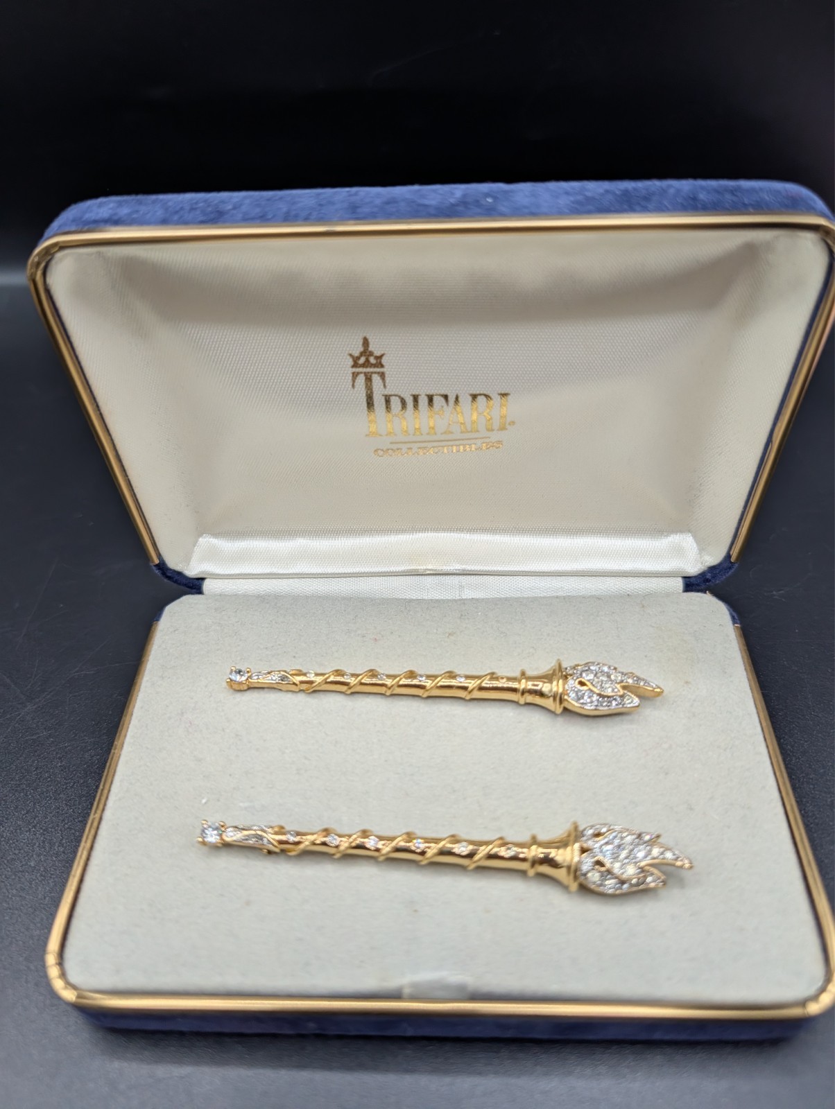 Vintage Trifari Collectibles Twin Torch Brooches Missing One Rhinestone