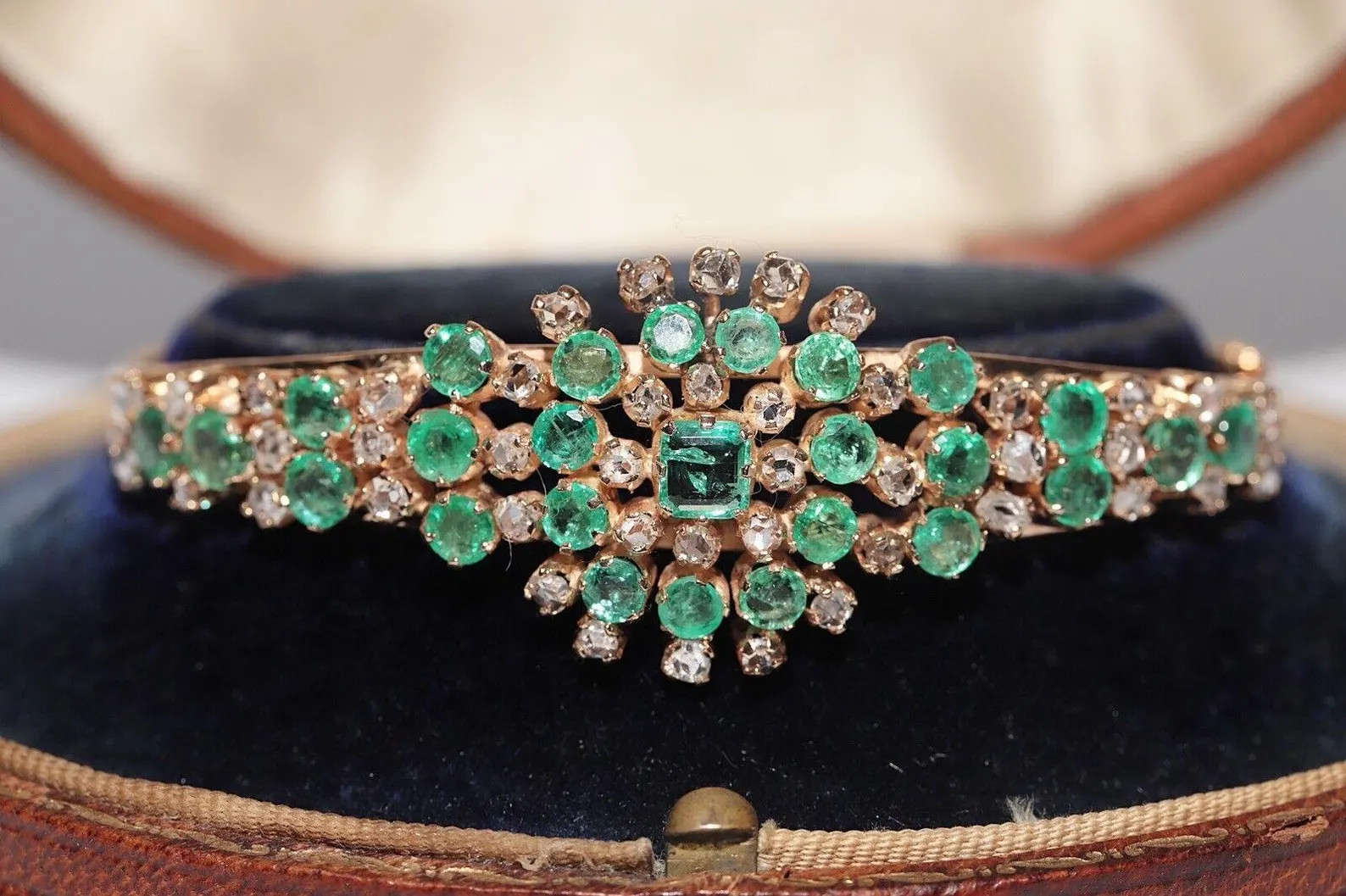 Antique Circa 1900s 14k Gold Natural Rose Cut Diamond And Emerald Bracelet