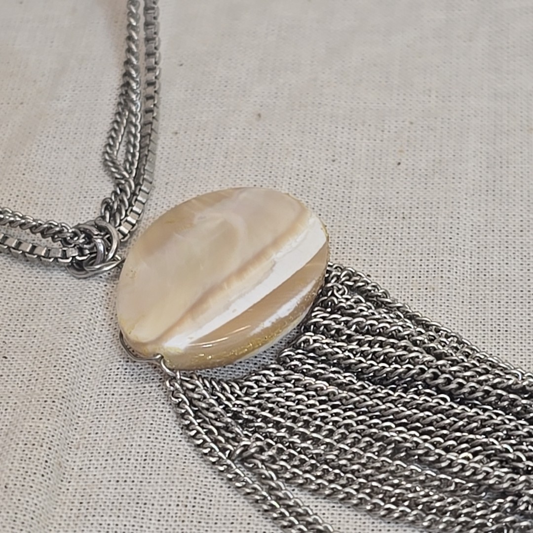 Vintage Charming Charlie Shell & Silver Tone Layered Chain Fringe Necklace MOP