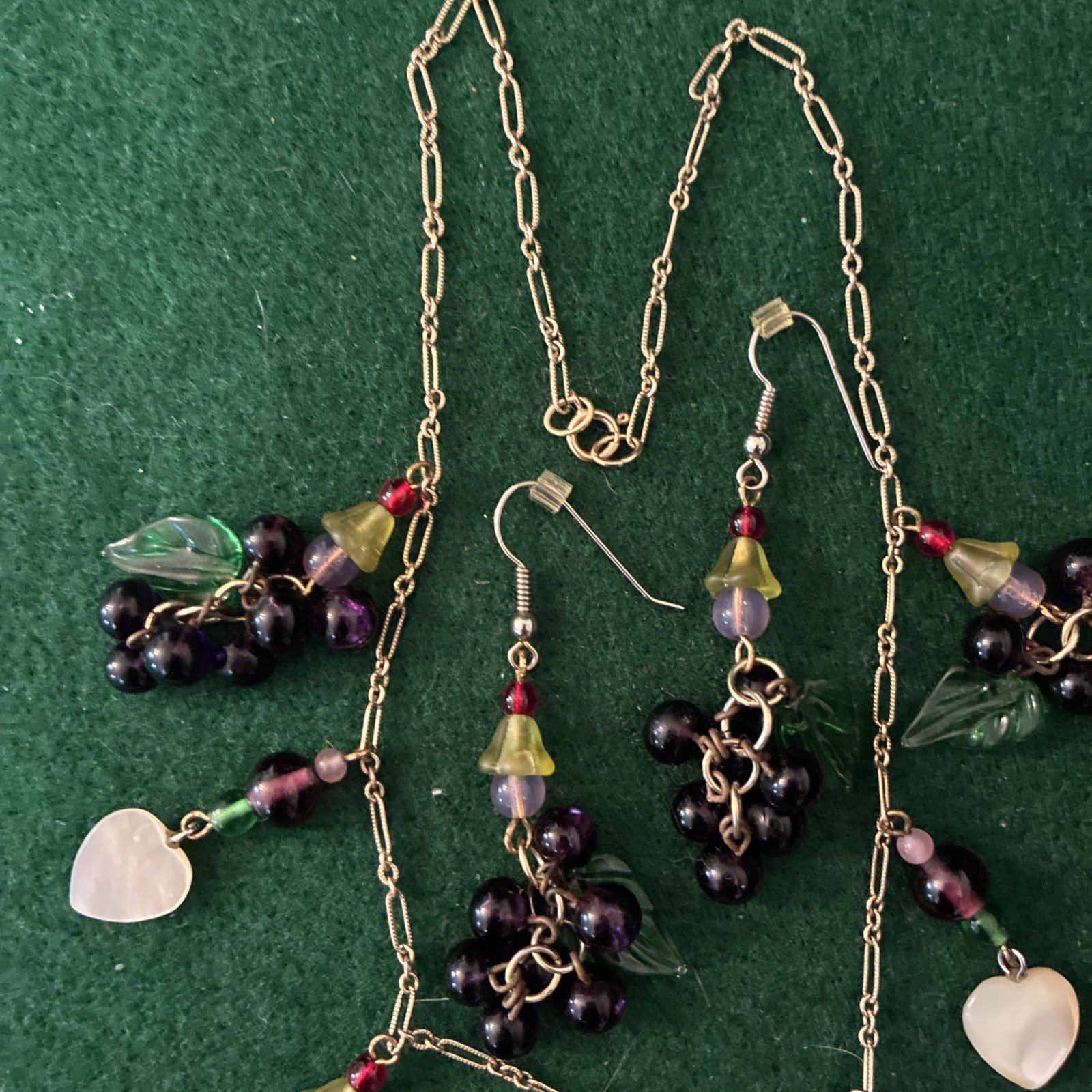 Vintage Hand Crafted Amazing Heart & Grape Cluster Dangle Necklace & Earrings
