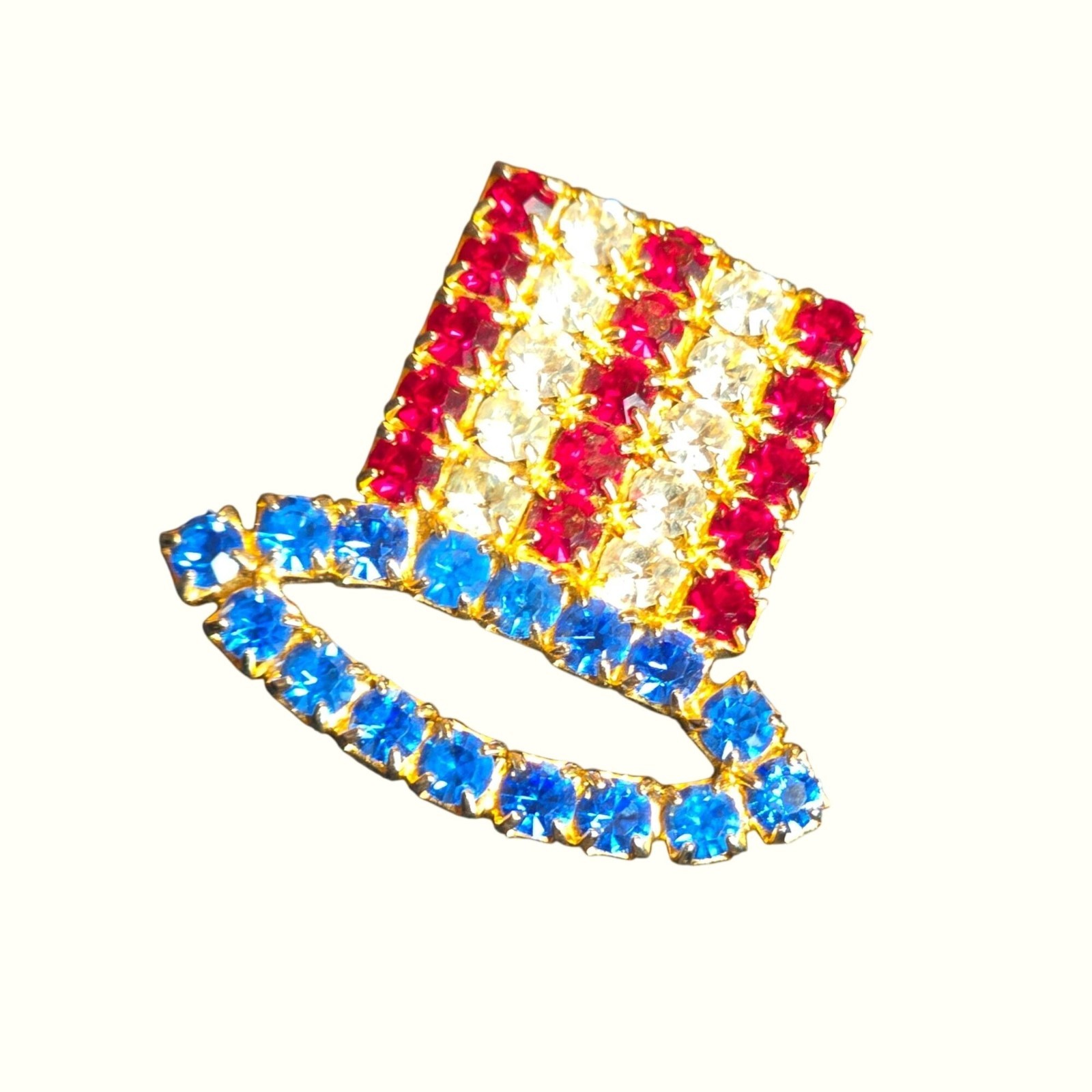 VTG Uncle Sam Hat Patriotic Brooch Red White Blue Glass Rhinestones Jewelry USA