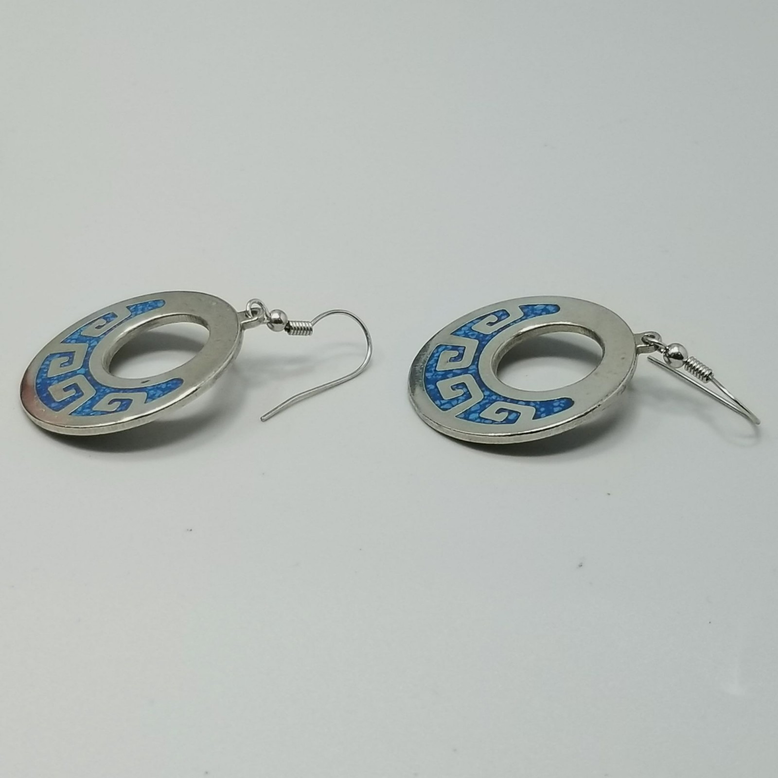 Vintage Aztec Greek Key Hoop Dangle Earrings Blue Chip Inlay Silver Tone