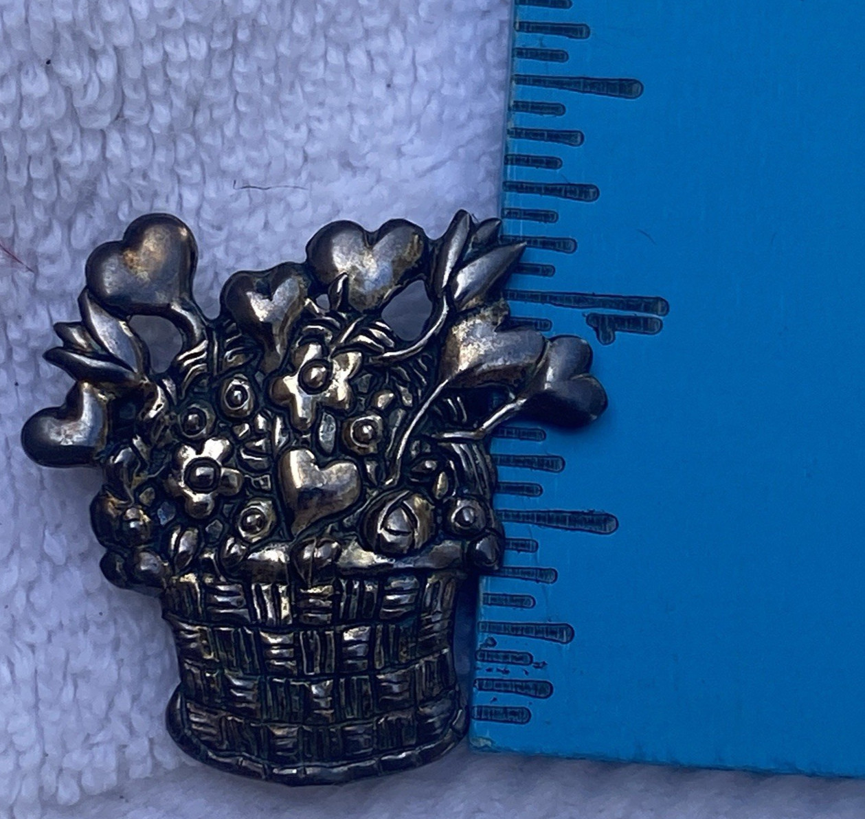 Hearts & Flowers Basket Brooch Pin Mary Engelbreit Signed ME 925 Sterling Silver