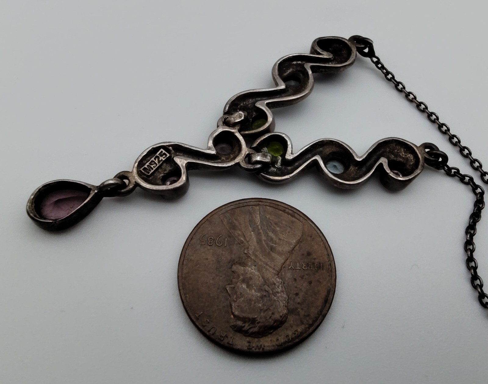 Vintage Pink Purple Green Blue Stone Marcasite Sterling Pendant Necklace 925