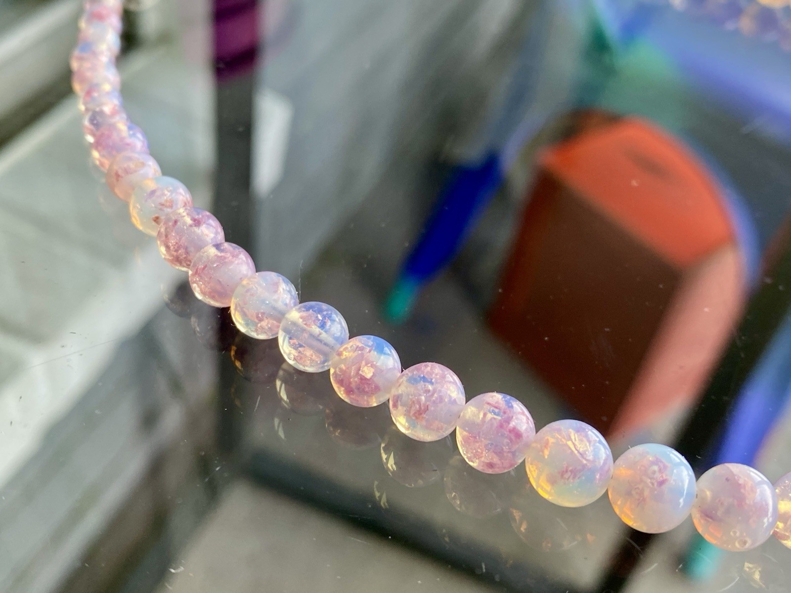 Vtg Opalescent Foil Pink Blue Glass Graduated Necklace Sterling Silver Clasp