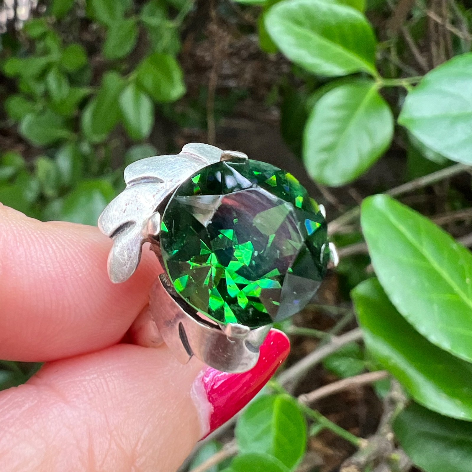 VINTAGE LARGE ROUND GREEN PASTE GLASS RHINESTONE RING 925 STERLING SLVER MEXICO
