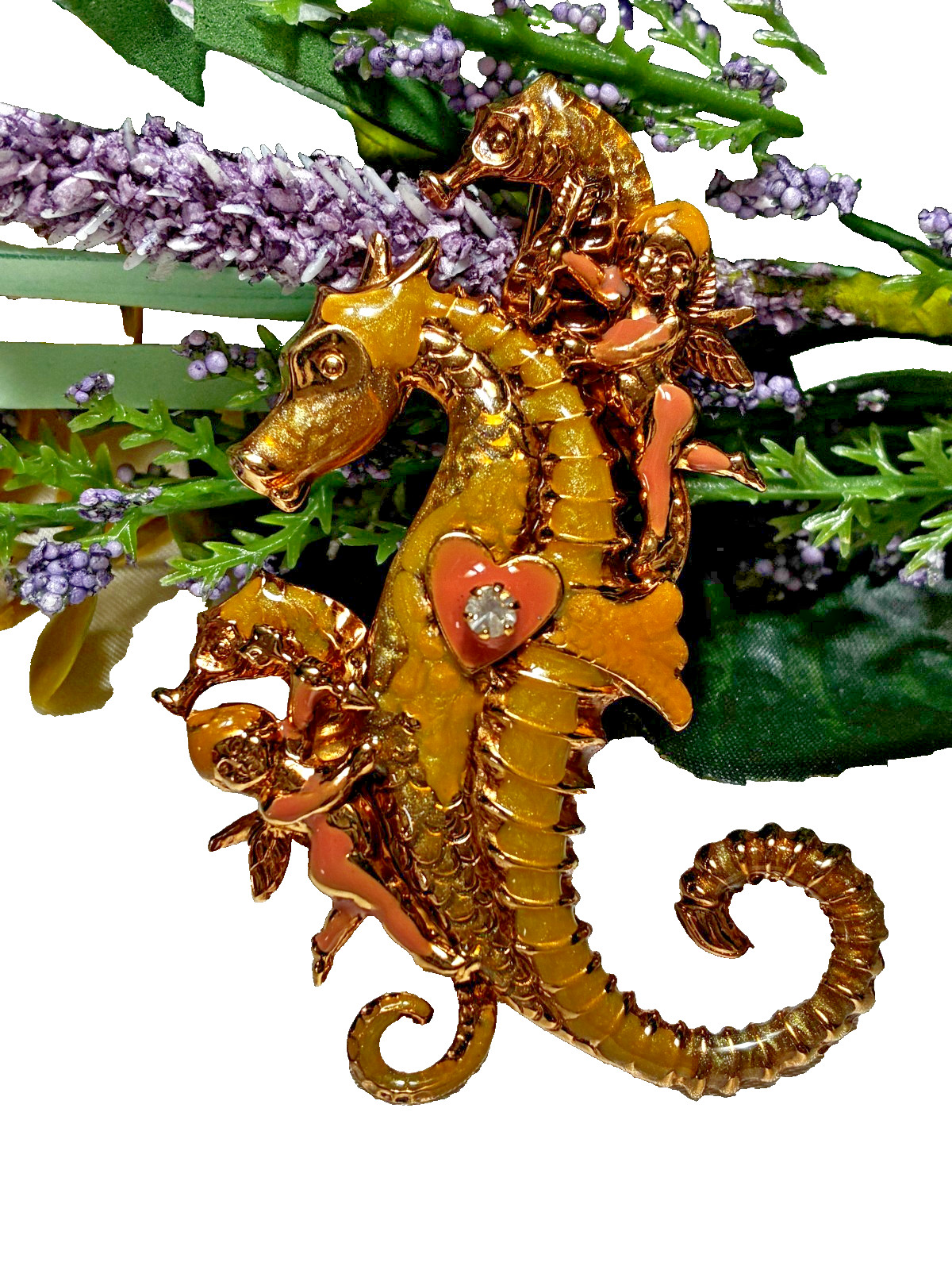 Vintage Kirks Folly Seahorse Cherub Angel Heart Rhinestone Enamel Brooch.