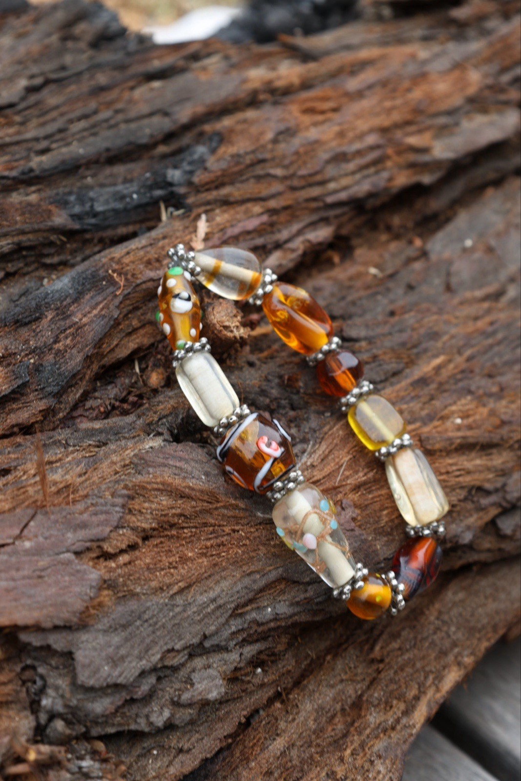 Vintage Lampwork Art Glass Bead Bracelet Amber Millefiori Stretch Boho Statement