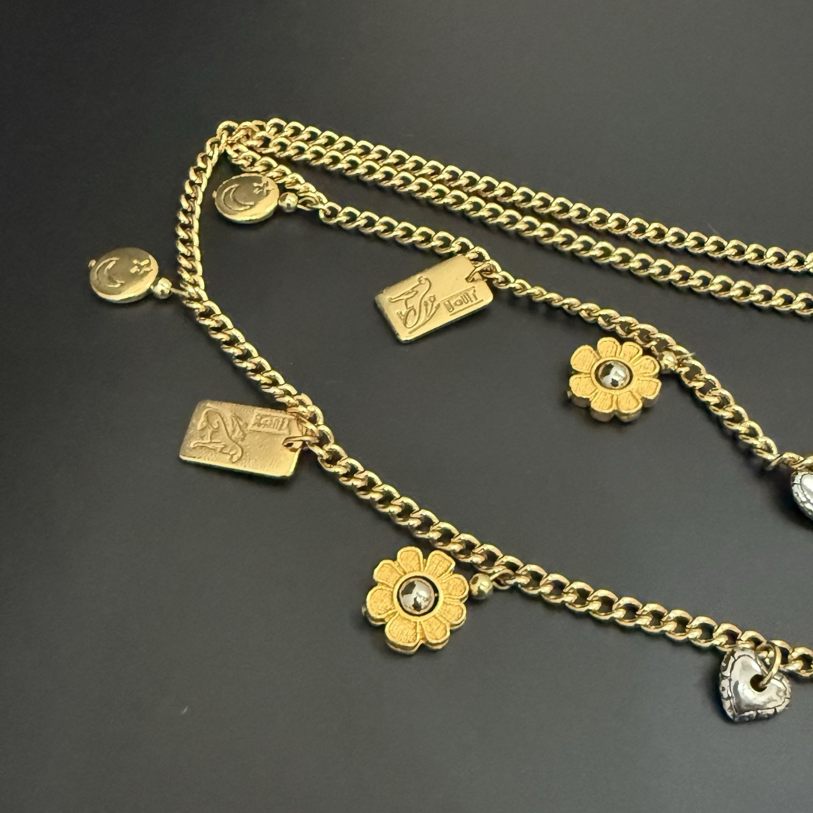 Vintage LCI Liz Claiborne Gold-tone Tarot Flower Star Moon Charm 38”Necklace 83g