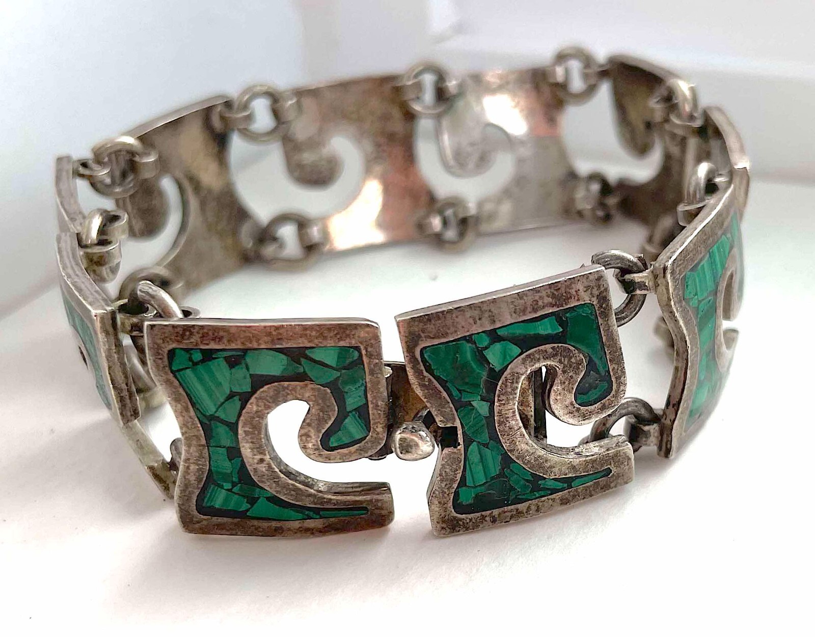 VTG Mexico Bracelet Sterling Malachite Chip Large Wrists 8″ 64g Modernist 1940s