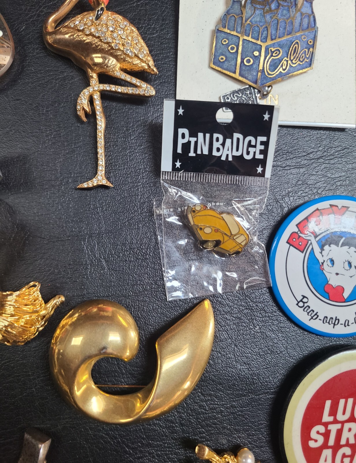 Vintage Costume Jewelry Pin Badge Lot Betty Boop Lucky Strike Flamingo Rhineston