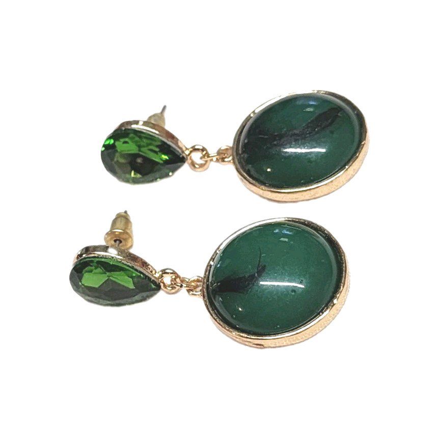 Vintage Green Faux Stone Rhinestone Gold Tone Dangle Earrings Teardrop Round GUC