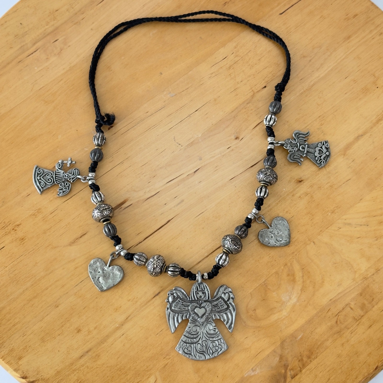 Vintage Signed MARCIE Beaded Pewter 3 Angels Cord Necklace Faith, Hope & Charity