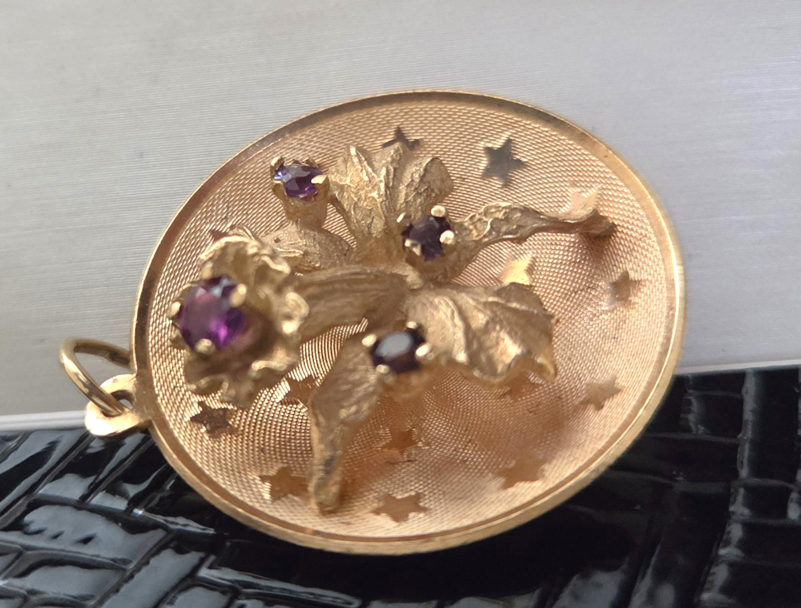 Vintage 14K 3d Orchid above a Field of Stars Pendant/Charm with Purple Stones