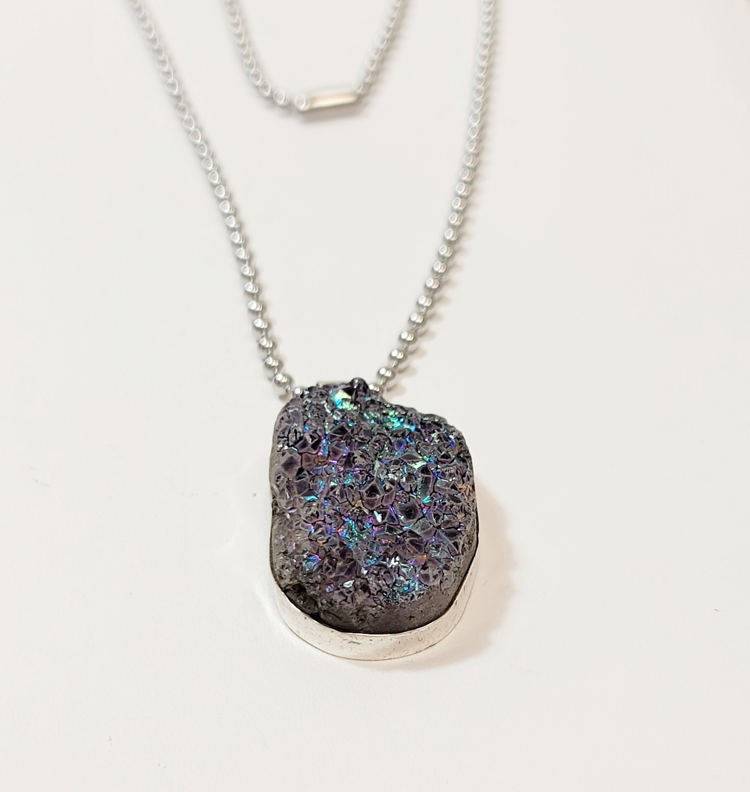 Vintage Sterling Silver Large Purple Blue Peacock Druzy Stone Necklace Pendant