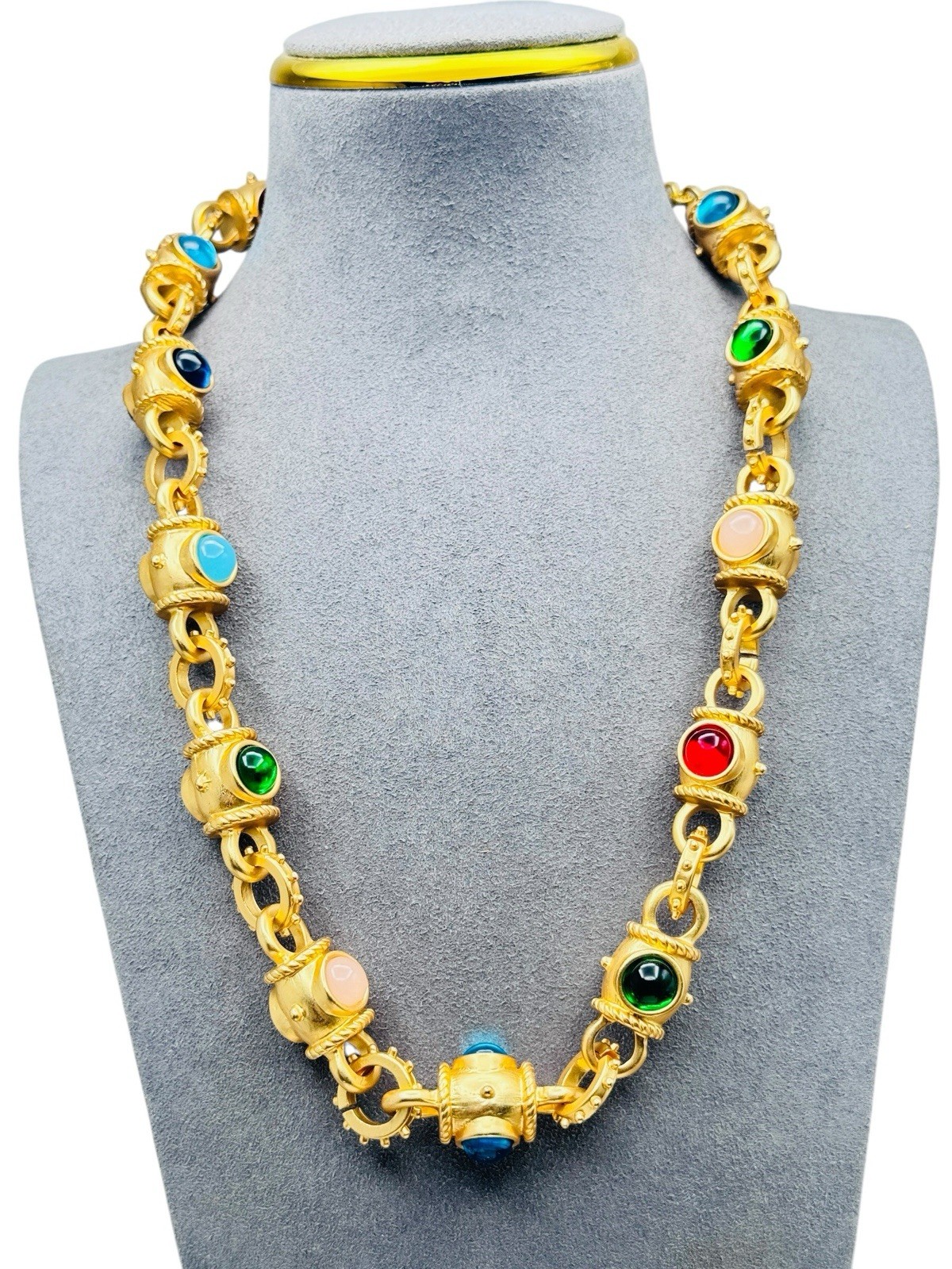 Vintage Glass Cabochon Byzantine Mogul Gold Chunky Chain Necklace c1980s Heavy