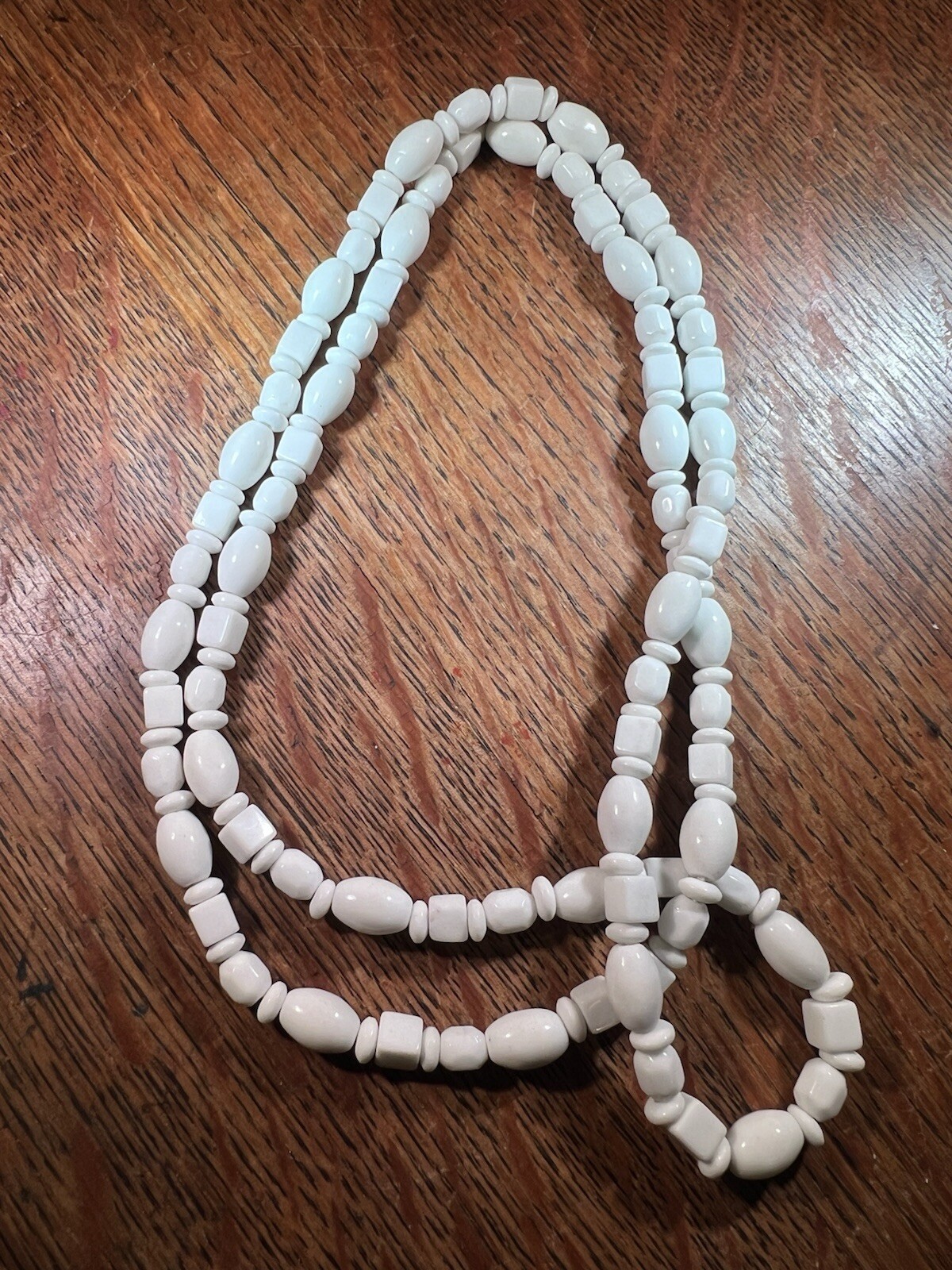 Vintage White Milk Glass Long Necklace Square Oblong Faceted Lozenge Beads 32”