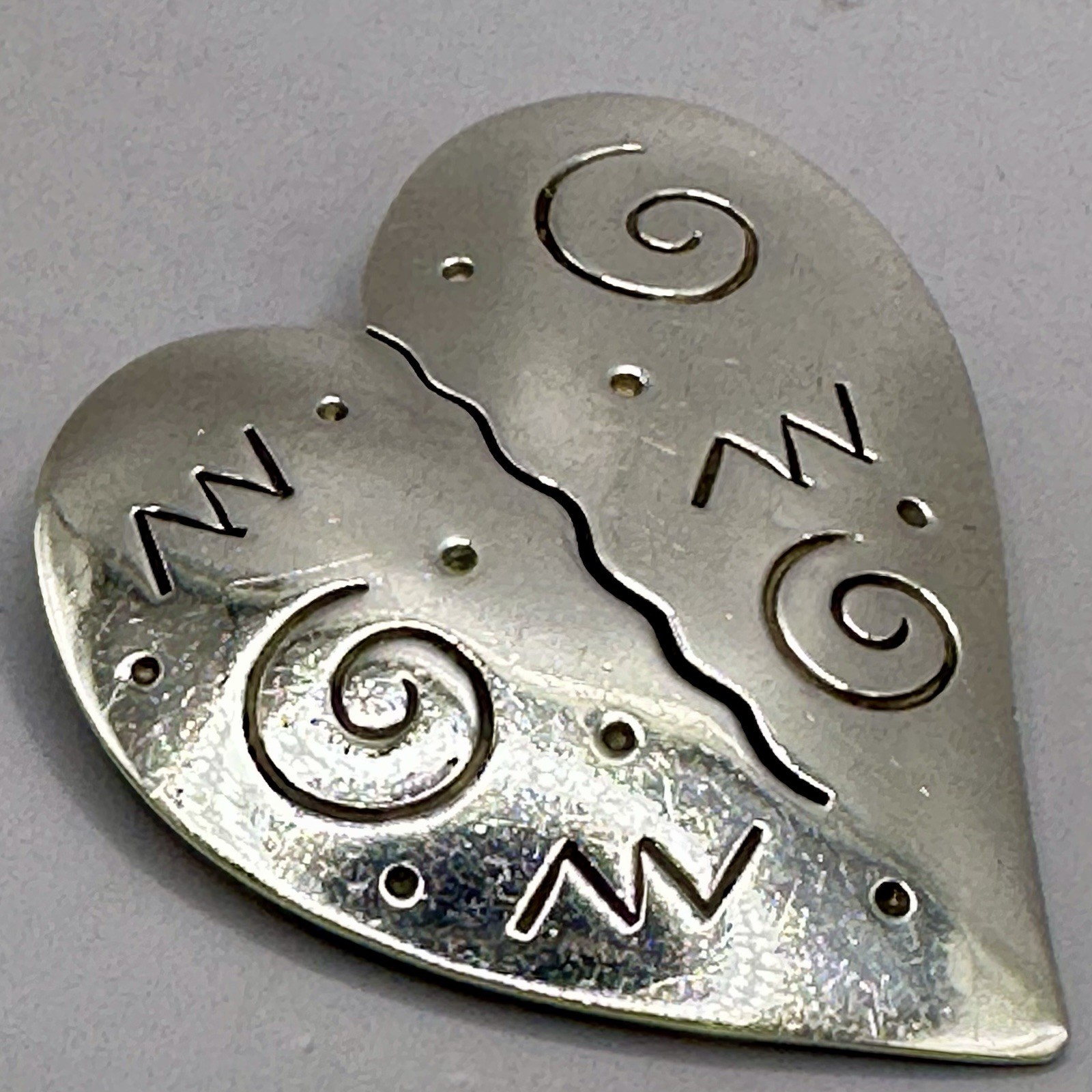 Rustic Stamped Heart Brooch Designer Signed Forbes 925 Sterling Silver Cutout