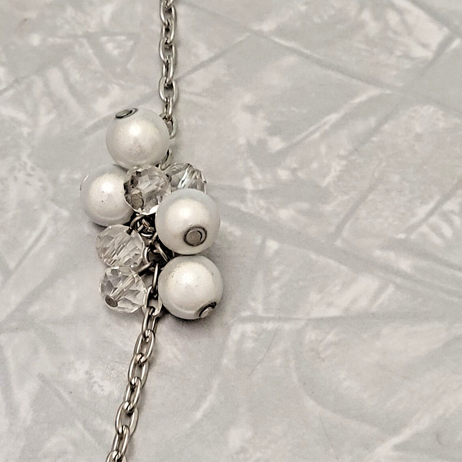Vintage Estate Silver Tone Faux Pearl Charm Station Statement Necklace ~ 41″