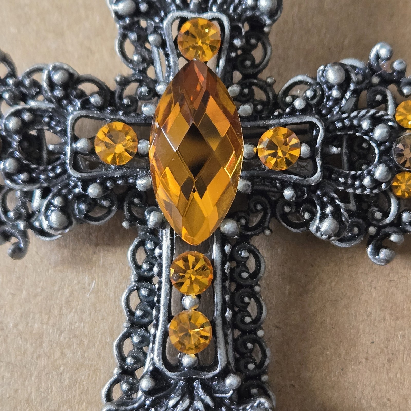 Gothic Cross Brooch Pin Amber Rhinestones Black Silver Tone Filigree 3″