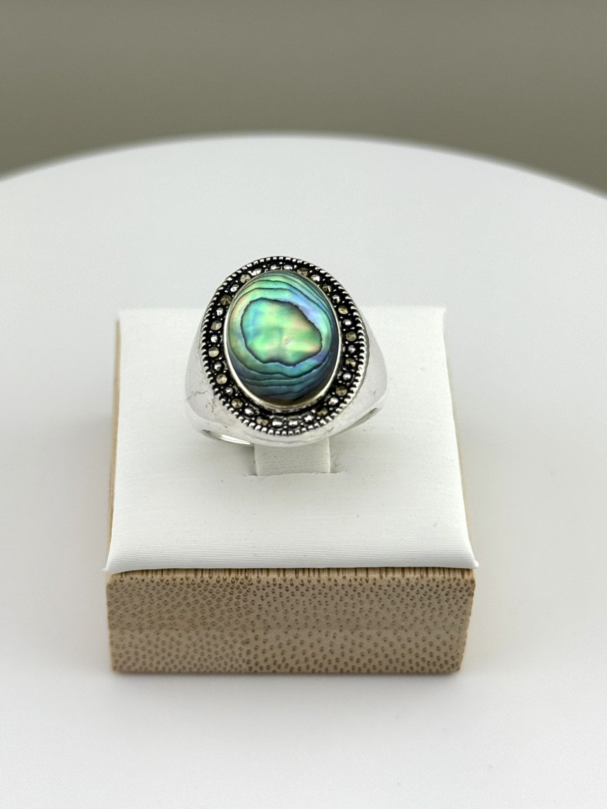 Sterling Abalone Marcasite Ring Size 7 Oval Halo Signed CW Charles Winston