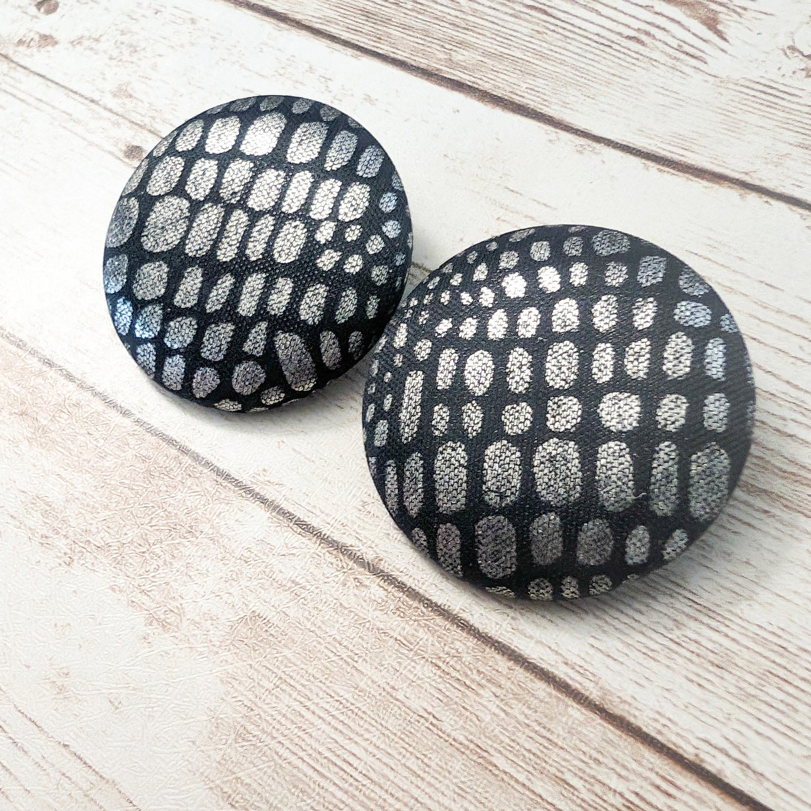 Vintage Clip On Earrings – Large Black with Silver Tone Design