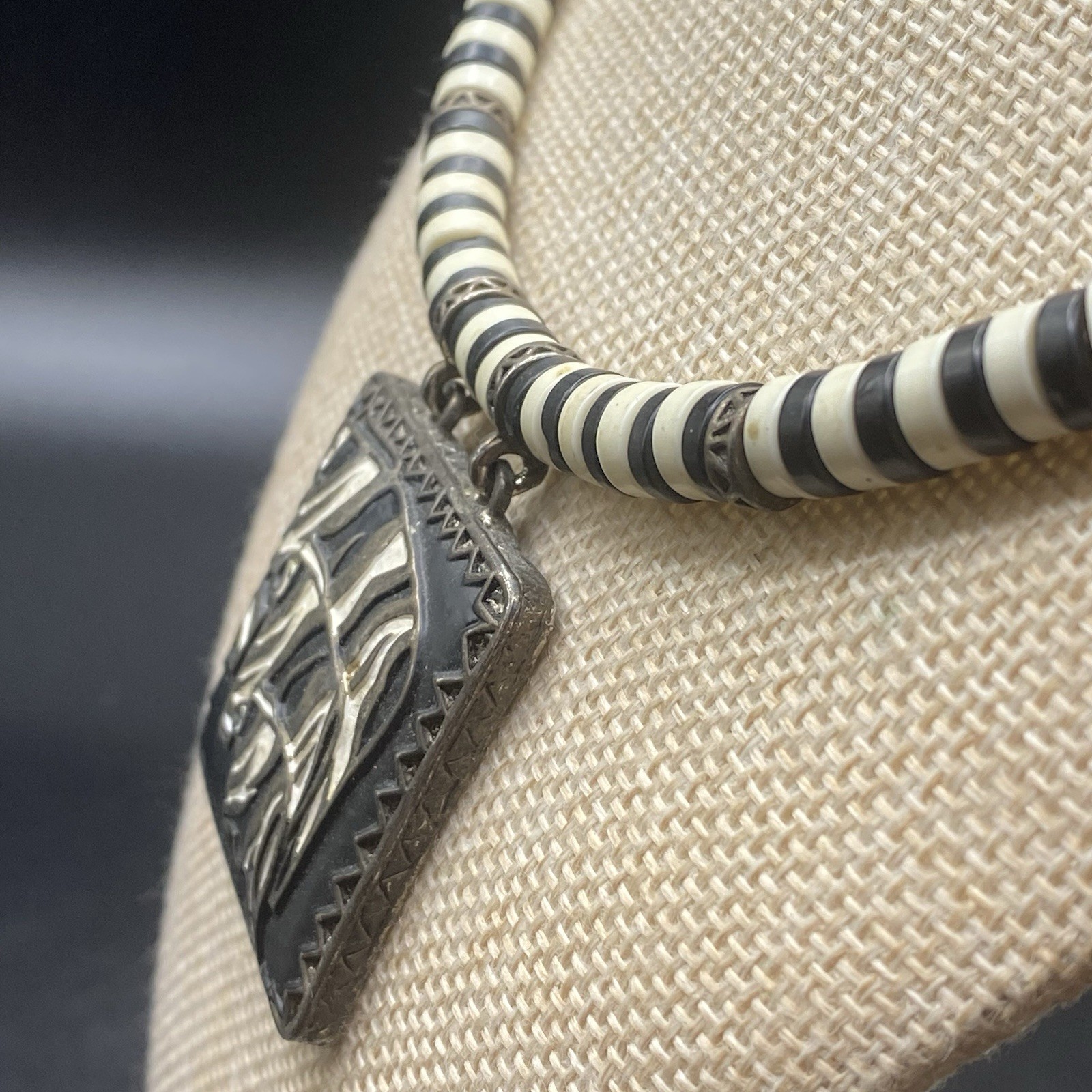 Tribal Zebra Black & White Beaded Safari Pendant Necklace
