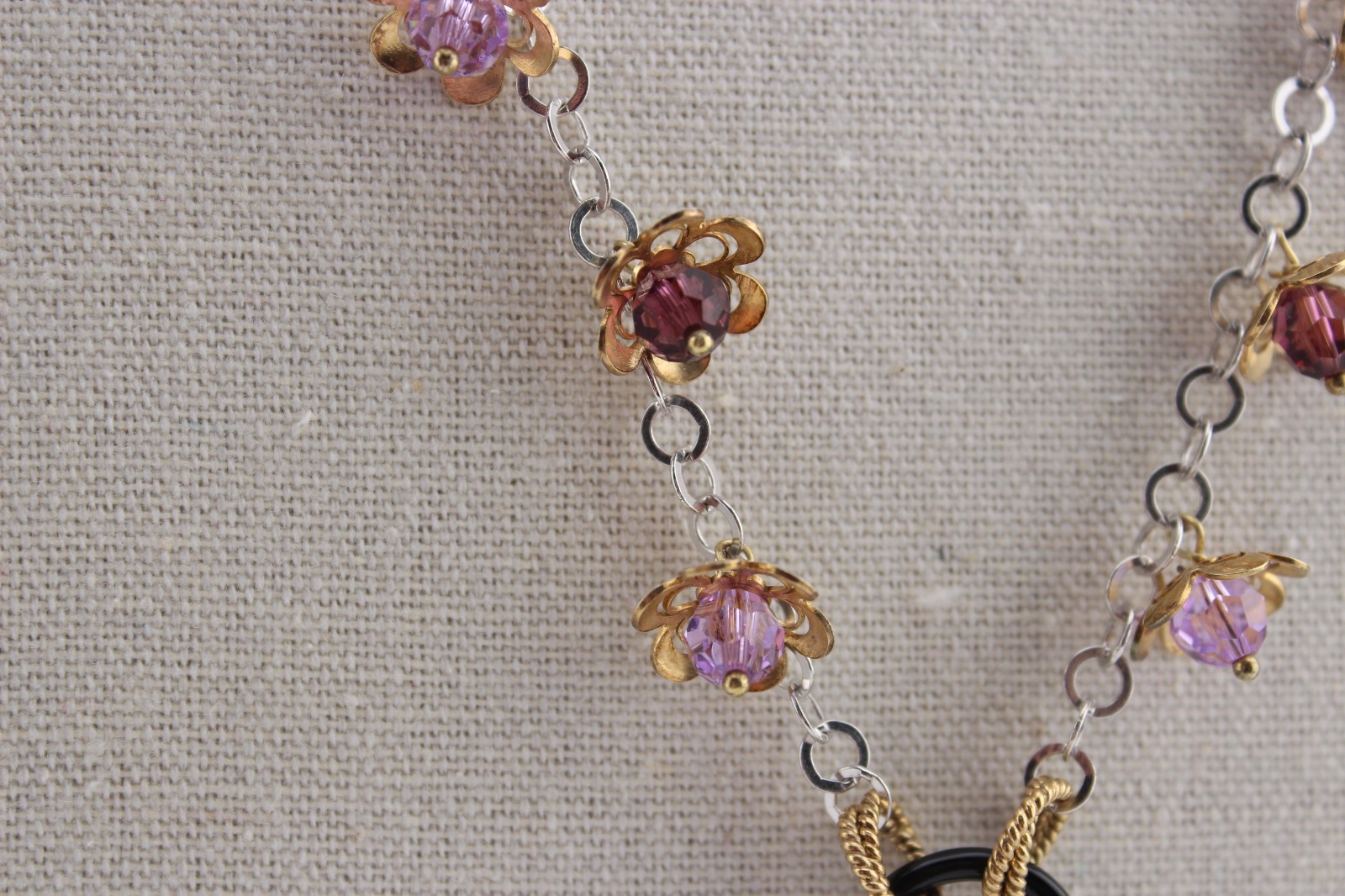 Sterling silver and gold over silver Y drop style necklace purple crystals 19″