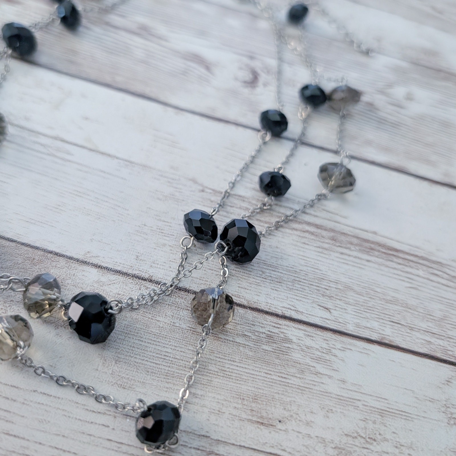 Vintage Necklace Layered Silver Tone with Black & Grey Beads