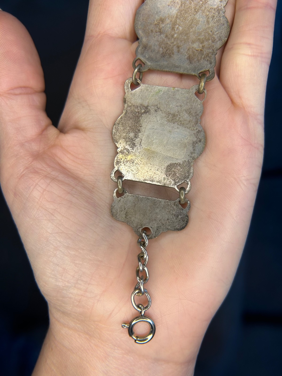 Antique European Cityscape Panel Bracelet 1930s Silver Plate Souvenir Scenic 9″